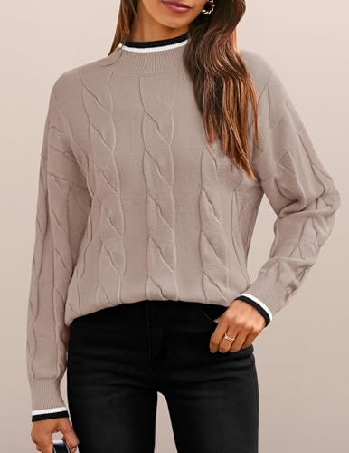 ZESICA Women's Casual Long Sleeve Mock Neck Cable Knit Contrast Color Fall 2025 Winter Chunky Pullover Sweater4