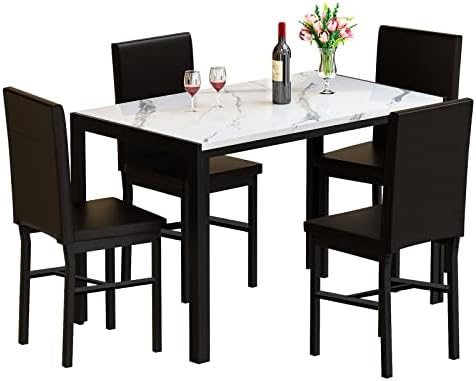MIERE 5 Pieces Marble Sets, Table 4 w/Faux Leather Metal Frame Chairs for Dining Room, Kitchen, Breakfast Corner, 02 White
