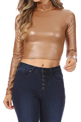 Image of Sakkas Matte Liquid Mock Neck Turtleneck Long Sleeve Crop Top - Made in USA