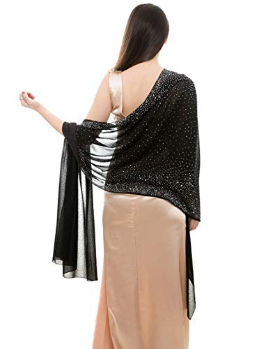 Reemonde Womens Pashmina Shawls And Wraps For Evening Dresses Chiffon Bridal Shawl For Wedding Dressy Rhinestones Sparkly Scarf (Black) #TOP3