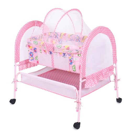 Image of FLIPZON Baby Cradle with Mosquito Net & Lockable Wheels | Foldable Baby Jhula /Palna with Storage Basket & Soft Mattress | Portable Newborn Baby Bed Crib for Infants (Pink)
