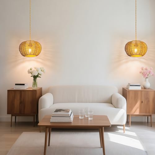 Image of Hanging Light Rattan Lamp Shade Boho Lampshades for Rattan Pendant Lights Ceiling Light Table Lamps Floor Hanging Lights Plug in Pendant Light Wall Sconce