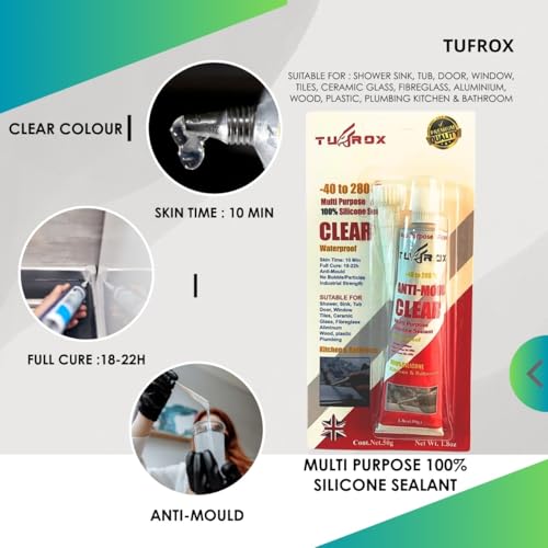 TUFROX Clear Silicone Sealant Tube 50g – Flexible Waterproof Bathroom & Kitchen Shower Sealer for Edging, Gap Filling, Crack Repair & DIY Projects - Image 3