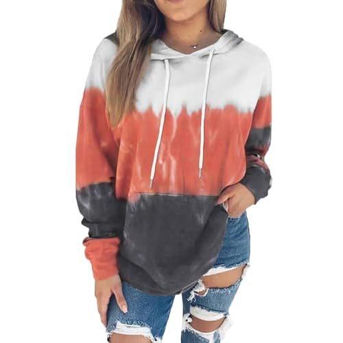 rosemia Hoodies for Women Sweatshirts Casual Long Sleeve Pullover Loose Lightweight Fall Clothes(Orange White Tie Dye,M)