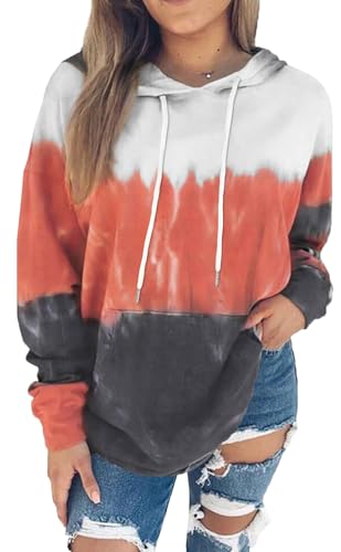 rosemia Hoodies for Women Sweatshirts Casual Long Sleeve Pullover Loose Lightweight Fall Clothes(Orange White Tie Dye,XL)