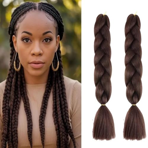 Brown Braiding Hair 24 Inch Hair Extensions for Braiding 100g/Pcs, High Temperature Fiber Jumbo Braiding Hair Extensions (2Pcs/Pack, Brown)
