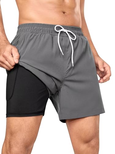 SILKWORLD Mens Swimming Trunks Compression Lined Swim Shorts 2 in 1 Bathing Suits with Zipper Pockets, Dark Grey, XX-Large