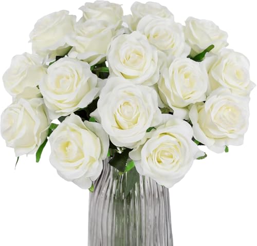 Image of Dekorly Artificial Fake Roses Flowers - 10 Pcs Fake Artificial Roses Silk Flowers with Stems for Home Room Tabletop Wedding Hotel Office Centerpiece Decor | Height 18 Inch (White)