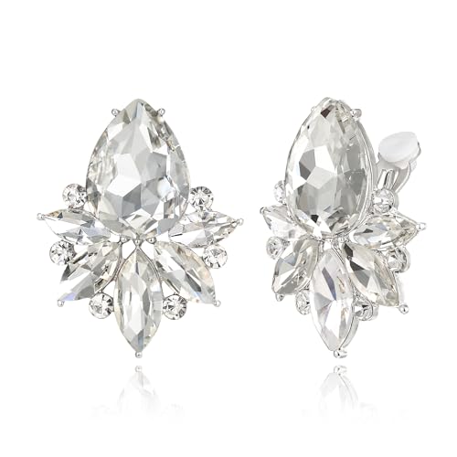 EVER FAITH Vintage Rhinestone Clip On Stud Earrings for Women, Fancy Crystal Cluster Teardrop Art Deco Non Pierced Earring for Wedding Bridal Brides Clear Silver-Tone