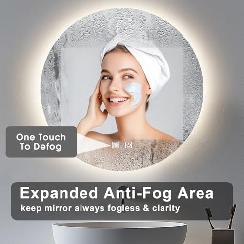JAMUBOCHE LED Bathroom Mirror For Over Sink, 60CM Electric Round Vanity Mirror With Backlit Lights For Shower Shaving, Fogless Wall Mounted Dimmable 3 Color Lighting, IP54 - Image 3