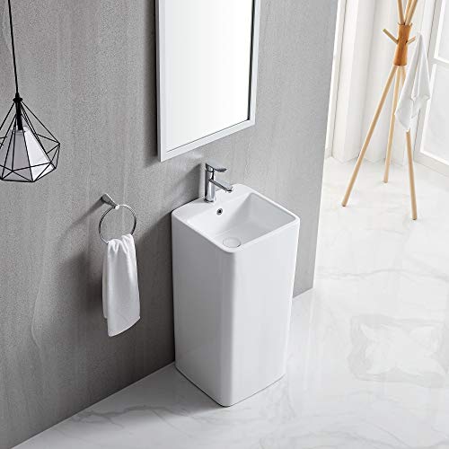 B301-Sw Small Pedestal Sink Square, Eridanus 32-Inch Tall Free-Standing Pedestal Sink Combo With Overflow And Faucet Hole, Crisp White, 15-3/4" W. X 15-3/4" D. X 32" H. #TOP5