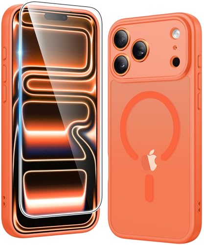 Image of FNTCASE for iPhone 17 Pro-Max Case: Matte Magnetic Phone Cases with Screen Protector Compatible with Magsafe Slim Anti Yellowing Rugged Shockproof Protective Translucent Cell Cover (C-Orange)