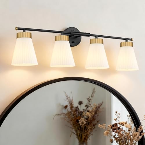 Image of 4-Light Bathroom Light Fixture, HWH 32 Inch Vanity Lights Over Mirror, Modern Sconce Wall Lighting with Frosted Milk White Striped Glass, Black and Gold Finish, 5HZG97B-4W BK+BG