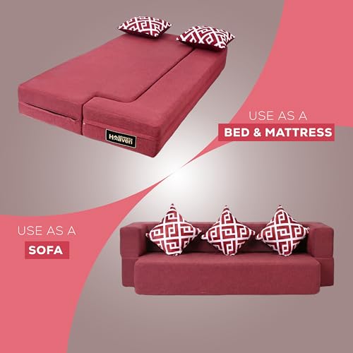 Image of Seventh Heaven 3 Seater 72x44x10, Low Floor Sofa Cum Bed Jute Fabric Fabric with 3 Cushions 3 Seater Double Foam Fold Out Sofa Cum Bed (Finish Color - Maroon Delivery Condition - Pre-Assembled)