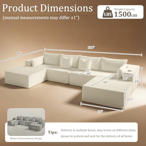 Image of 138 inch Cloud Sectional Couch, Comfort U Shaped Sofa for Living Room, Extra Deep Seats No Assembly, Minimalist Modular Couch, Corduroy (Cream, 6 Seats,U-Shape A)