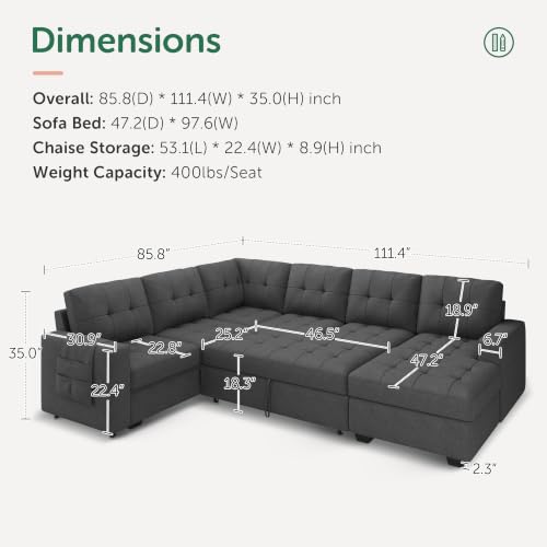 Image of HONBAY Modular Sectional Sleeper Sofa with Pull Out Bed, U Shaped Sleeper Couches with Storage Chaise, 114'' Sleeper Sectional Sofas for Living Room, Apartment (Dark Grey)