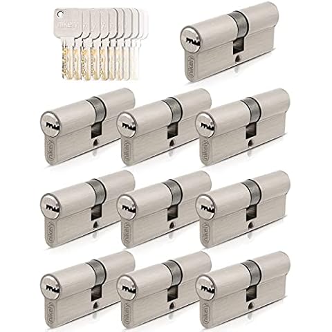 GERCAR Pro 10x Schließzylinder 30/30 gleichschließend Set 10 Profilzylinder inkl. 50 Schlüssel - 60 mm Türschloss Zylinderschloss 10er Zylinder - Länge: 60mm, A:30 B:30 - Messing matt massiv Cover