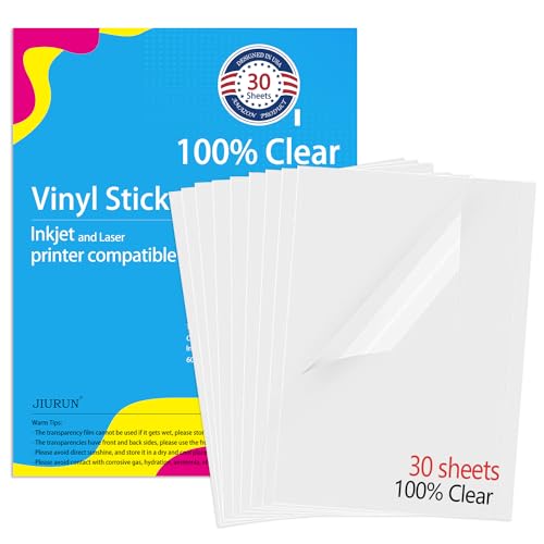 Premium Printable Vinyl Sticker Paper for Inkjet & Laser Printer, 100% Transparent 30 Clear Self-Adhesive Sheets,No-Waterproof,Drying Quickly Vivid Colors Decal Paper