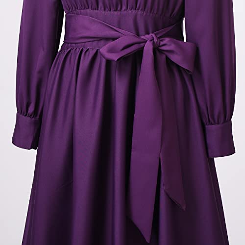Image of CAMDOM Church Clergy Dress for Women Long Sleeve A Line Elegant Maxi Dress with Tab Insert Stand Collar and BeltA
