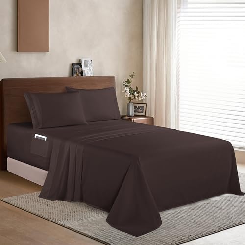 Elegant Comfort Luxury 1500 Premium Hotel Quality Microfiber 4-Piece Sheet Set - Soft, All Around Elastic 18-24 Inches Deep Fitted Sheet - Extra Deep Pocket Sheets, Twin/Twin XL, Chocolate Brown