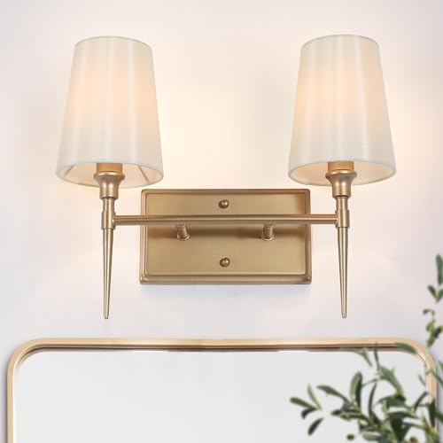 Image of KSANA Gold Bathroom Vanity Light Fixtures, 2-Light Modern Vanity Lights for Bathroom with White Fabric Shade, Bathroom Lights Over Mirror