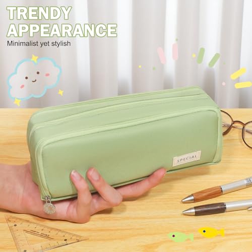 CICIMELON Metal Large Capacity Pencil Case 3 Compartment Pouch Pen Bag For School Teen Girl Boy Men Women (Green)