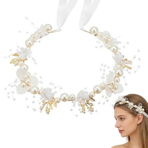 CATZUM 1 Diadema, ideal para comunión, bautizo, bodas, niñas de flores, princesas, etc., adornada con flores y perlas (blanco)
