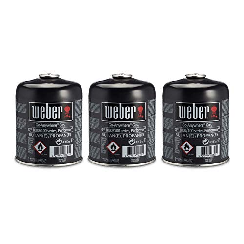 Weber Gas Cartridge (3-Pack) - Disposable for Butane/Propane Gas, ideal Q 100/1000, Go-Anywhere Gas, Traveler, Sumit Charcoal & Performer Series, 3-4 hours burning time (17669)