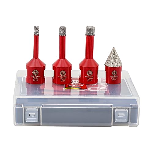 FOCSTOL Juego de Brocas Diamante - 4 piezas 6/8/10mm Fresa Diamante+20mm Brocas Chaflán Biselado para Porcelanico Cerámica Mármol Granito M14 Rosca