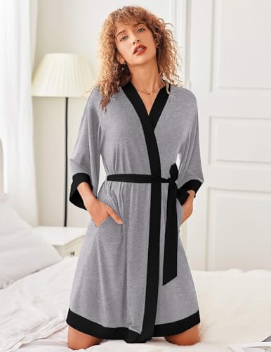 Image of Ekouaer Robes for Women Knee Length Bathrobe Lightweight Kimono Robe 3 /4 Sleeve Knit Sleepwear with Pockets