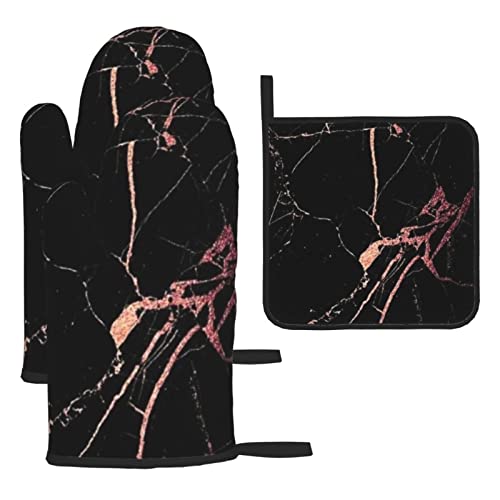 Black Rose Gold Marble Printed Oven Mitts And Pot Holders Sets Of 3 Heat Resistant Non-Slip Kitchen Oven Gloves For Cooking Baking Grilling
