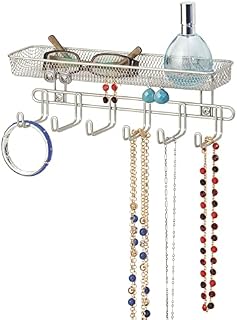 mDesign Jewellery Storage for Rings, Earrings, Necklaces and More - Jewellery Organiser with 6 Hooks and 2 Compartments - Jewellery Holder for Hanging - Matte Silver