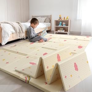 Extra Large Foldable Play Mat, Reversible Baby Play Mat, Non-Toxic & Waterproof Baby Mat for Floor, Foam Play Mat with Travel Bag for Infants Toddlers Tummy Time, Rainbow, Cloud & Moon, 79×71 inches