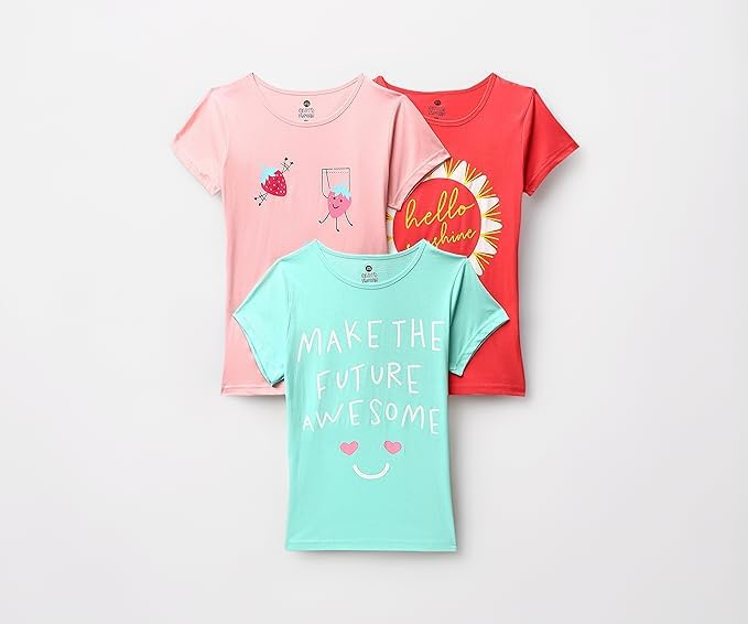 Image of Clotth Theory Girls Super Combed Cotton Regular Fit Round Neck Printed Short Sleeve Tshirt -Combo Pack of 3