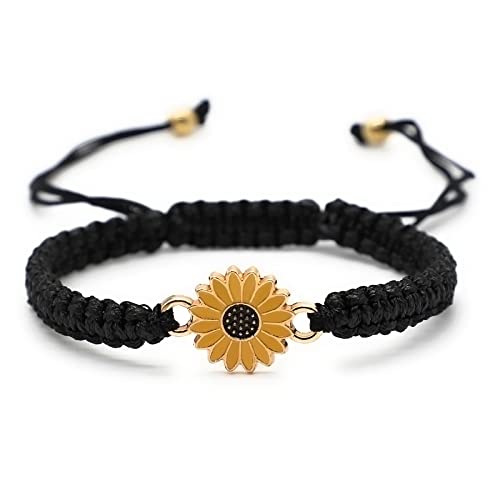 Jasimkiss Sunflower Bracelets Adjustable Boho Sunflower Daisy Charm Handmade Braided Rope Friendship Matching Bracelets Promise Bracelets for Couples Women (Black)