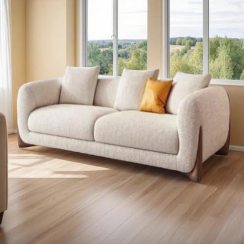 Image of Modern Sofa Chesterfield Design with Stylish Wooden Legs Bouncy Teddy Fabric Off-White Finish Sofa for Living Room, Bedroom, Hallways (2 Seater)