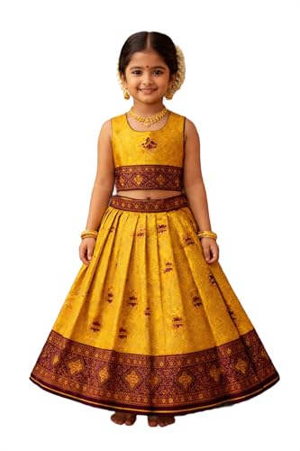 Lehenga choli fille pattu pavadai Amzira avec chemisier col rond