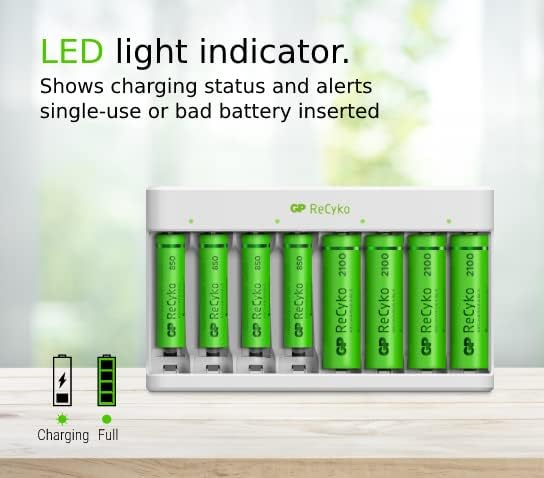 Ti luhur ka handap view of the GP ReCyko E811 charger with batteries, showing dimensions (12.6cm length, 7.4cm width).