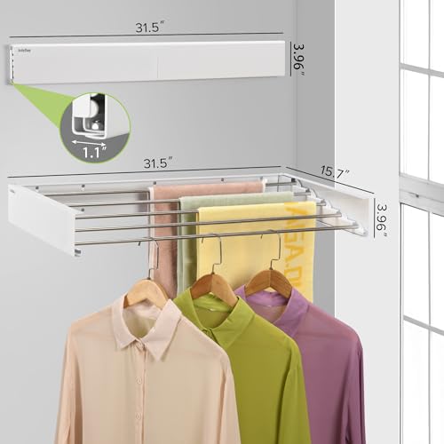 JolyBay Wall Mounted Laundry Drying Rack, Retractable Clothes Drying Rack for Bathroom with Wall Template, 5 Stainless Rods Heaving 60 lb Capacity (White, 31.5""), JA3001 by JolyBay - Image 3