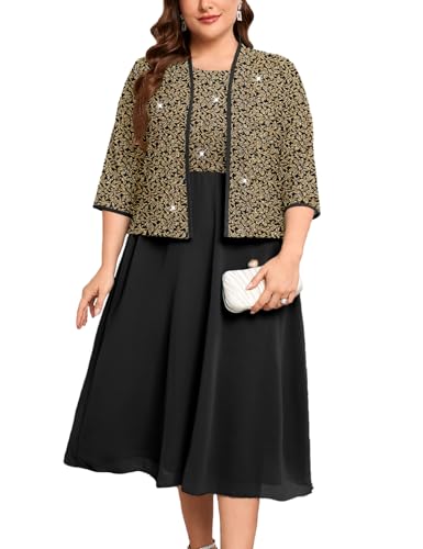 Image of ZOMVA Plus Size Sparkly Mother of The Bride Dresses with Jacket 2 Piece Chiffon A-Line Dress Wedding Guest Formal