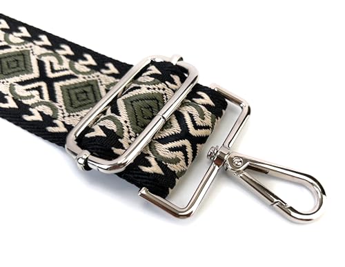 Image of Black Olive Green Boho Diamond Purse Strap with Silver Hardware 2 Inch Wide Replacement Crossbody Guitar Style Shoulder Strap for Handbags Totes