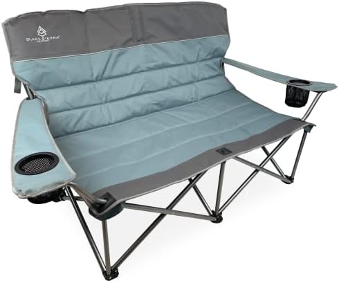Black Sierra Low Camping Sofa, Double 2 Person Camping Chair Loveseat, Heavy Duty Camp Chair Supports 500 lbs, Padded Folding Beach Chair with Duo Seating, Outdoor Lawn Chair w/ 2 Cup Holders