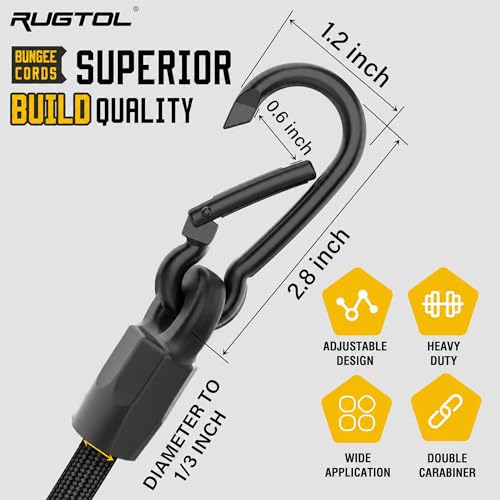 Image of 8 Pcs 48 inch Adjustable Bungee Cords with Hooks, Heavy Duty Outdoor Carabiner Bungee Cord, Black Super Elastic Bungee Straps Easily Adjust from 7 inch to 48 inch, Great for Cargo, Camping, Bike Racks, Tents