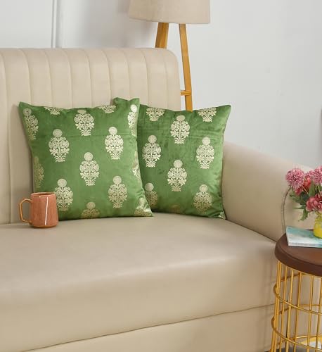 Image of DEVSANG Foil Velvet Cushion Covers 20 inch x 20 inch Set of 2 pc, Green