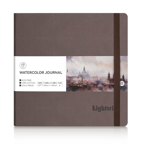Lightwish Square Watercolor Journal, 100% Cotton Cold Press Watercolor Paper Sketchbook 7.48”x 7.48”, 20 Sheets (140lb/300gsm), Acid-Free for Watercolors, Gouache, Acrylics