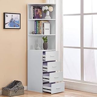 Utility 3-Tier Shelves & 4 Drawers Corner Cabinet White for Living Room/Bedroom, Bathroom Corner Storage Cabinet, Cupboard Sideboard for Living Room, Tall & Slim Corner Shelving Unit Cabinet