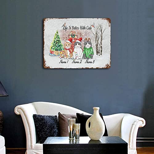 Wodevor Bedroom Signs Life Is Better With Cats Personalize Cat's Name Aluminum Sign 12"X16" Cat Lady Cat Gifts Retro Metal Vintage Tin Sign Hanging Wall Plaque Kitchen #TOP2