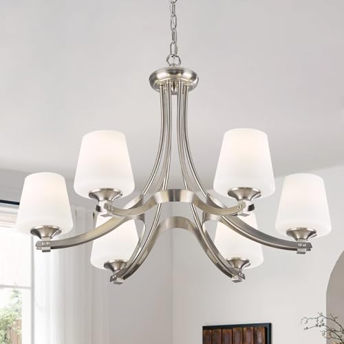 Image of 6-Light Brushed Nickel Chandeliers for Dining Room with Frosted Glass 47.2 inch Adjustable Silver Pendant Ceiling Lighting Rustic Vintage Hanging Lamp for Farmhouse Kitchen Island Dining Table Living Room