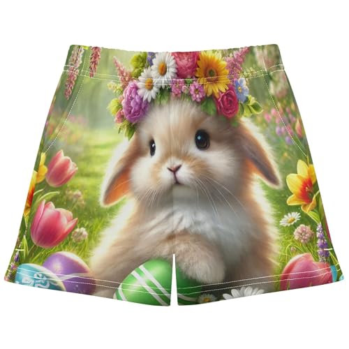 Girls Athletic Lounge Shorts Spring Bunny Flower Crown Floral Print Comfy Youth Pajama Summer Clothes, X-Small
