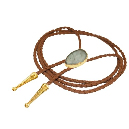 Image of Daisy Del Sol Gemstone Bolo Tie Braided Vegan Faux Leather Natural Stone Gold Handmade Necklace Adjustable Boho Western Jewelry